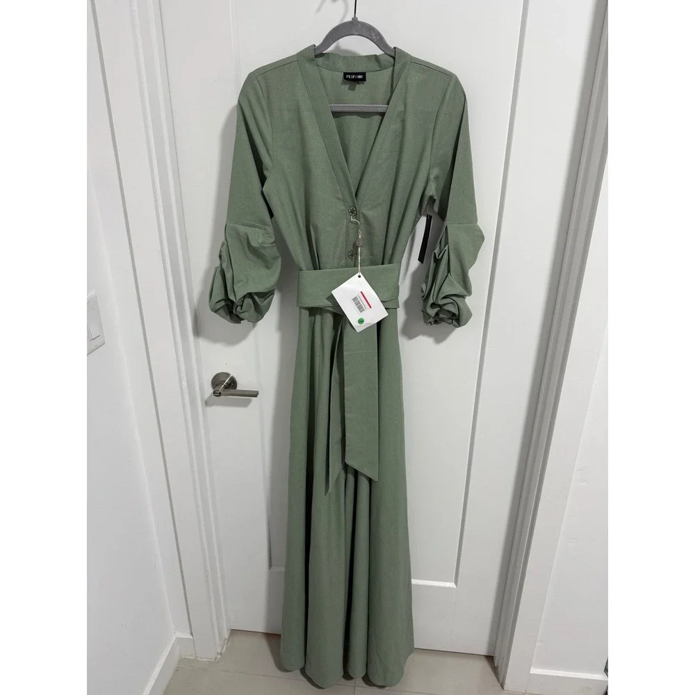 FKSP x‎ Yoox Mahogany Sage Green Maxi Dress S Linen Blend Belted Long Sleeve NWT
